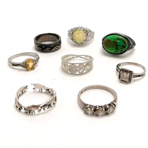 278 - 6 x silver marked rings inc citrine, elephant ring (broken) t/w filigree ring & green stone ring ~ s... 