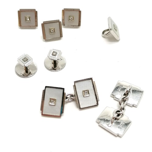 289 - 9ct marked white gold set with diamond on guilloche enamel fields Art Deco Mappin & Webb cufflink / ... 