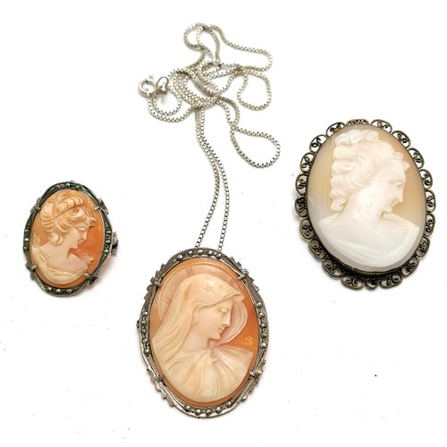 313 - 3 x hand carved cameo shell brooches - 1 has carved Mary with marcasite detail & is on a 50cm chain,... 