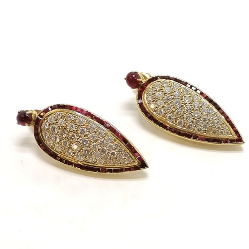 331 - Pair of unmarked 18ct gold ruby & diamond drop earrings - 4cm drop & 16.7g total weight ~ the rubies... 