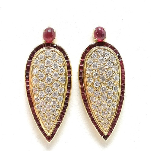 331 - Pair of unmarked 18ct gold ruby & diamond drop earrings - 4cm drop & 16.7g total weight ~ the rubies... 