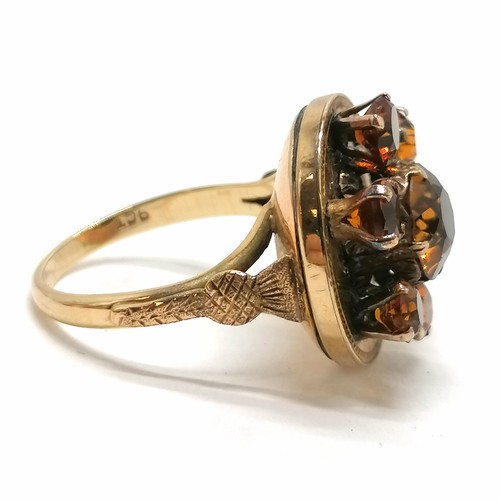 333 - Antique 9ct marked rose gold Scottish citrine set cluster ring with thistle detail to shoulders - si... 