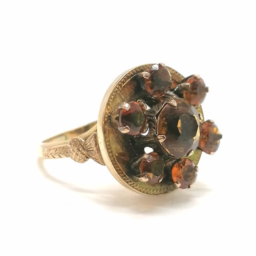 333 - Antique 9ct marked rose gold Scottish citrine set cluster ring with thistle detail to shoulders - si... 