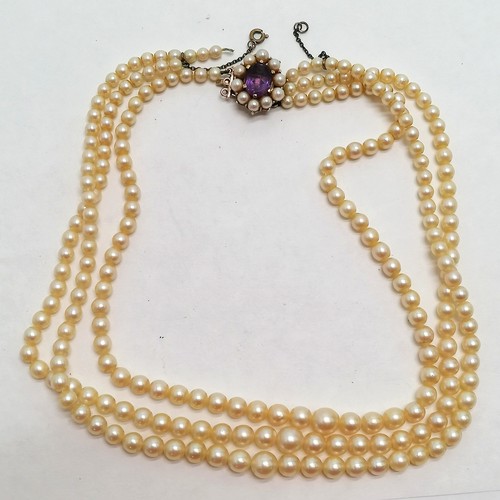 344 - 3 strand pearl necklace with a 9ct marked gold clasp set with pearls & amethyst - 40cm long & 1 stra... 