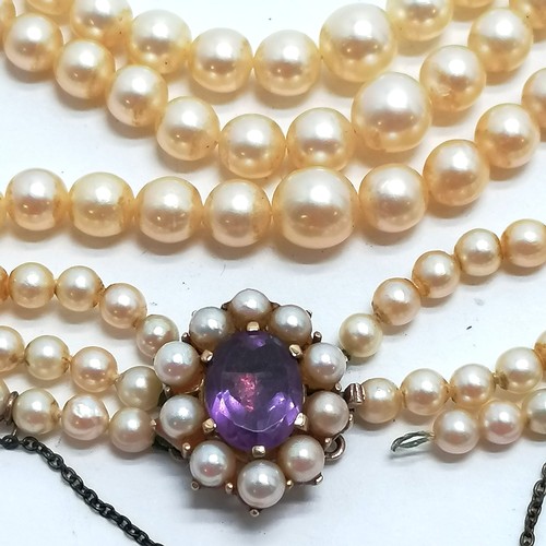 344 - 3 strand pearl necklace with a 9ct marked gold clasp set with pearls & amethyst - 40cm long & 1 stra... 