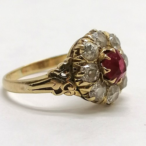 350 - Antique 18ct (indistinctly) marked gold ruby & diamond cluster ring - size M & 3.9g total weight