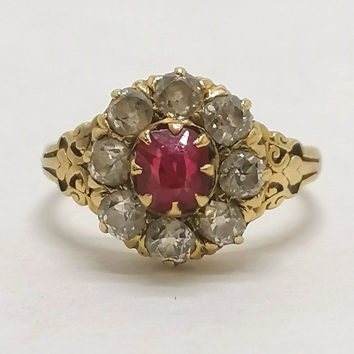 350 - Antique 18ct (indistinctly) marked gold ruby & diamond cluster ring - size M & 3.9g total weight