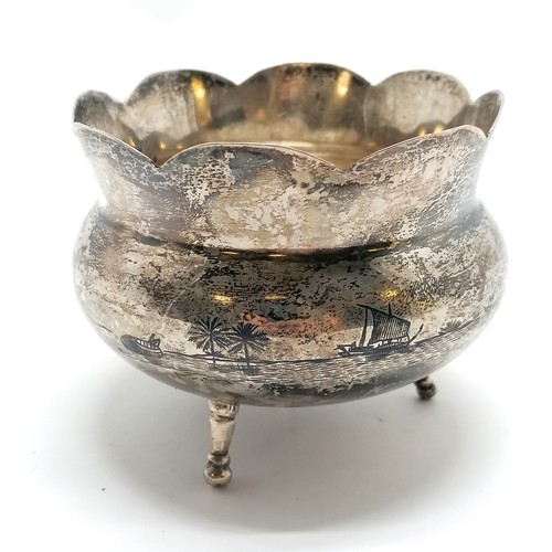 364 - Silver half fluted sugar basin (8cm high) t/w unmarked silver niello Egyptian cauldron pot - total w... 