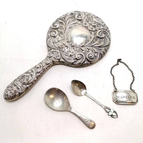 371 - Silver hallmarked hand mirror (23cm), Silver & enamel spoon t/w Madeira decanter label & caddy spoon