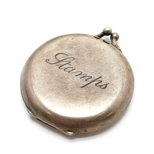 378 - Antique silver hallmarked circular postage stamps box - 3.5cm diameter & 14.2g - slight dents to cas... 