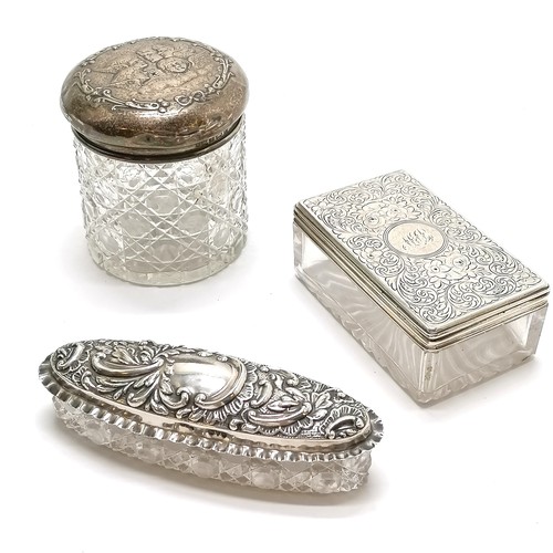 382 - 3 x antique silver topped jars inc 1856 rectangular (8.5cm x 5cm x 3.5cm & in good used condition), ... 