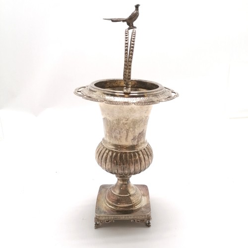 383 - Antique silver continental classical urn shaped table centre / vase with cast pheasant detail to top... 