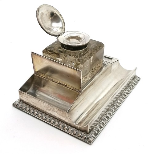 385 - Unusual 1900 antique silver inkstand with glass well and integrated postage stamps section with glaz... 