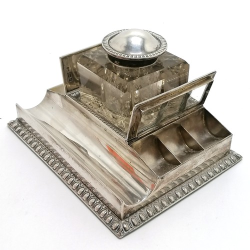 385 - Unusual 1900 antique silver inkstand with glass well and integrated postage stamps section with glaz... 