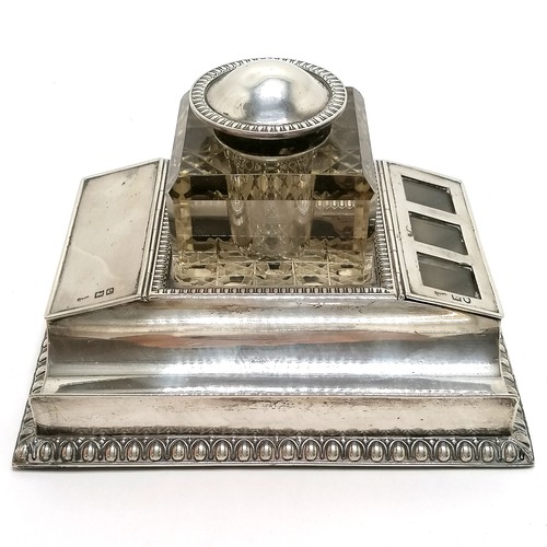 385 - Unusual 1900 antique silver inkstand with glass well and integrated postage stamps section with glaz... 