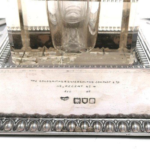 385 - Unusual 1900 antique silver inkstand with glass well and integrated postage stamps section with glaz... 