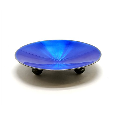 386 - Norwegian silver blue guilloche enamel dish on 3 ball feet #1027 by Marius Hammer - 7.5cm diameter &... 