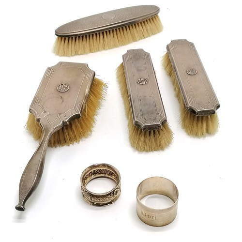 395 - Mappin & Webb Art Deco silver 3 piece brush set (longest 22cm), Chester silver clothes brush & 2 sil... 