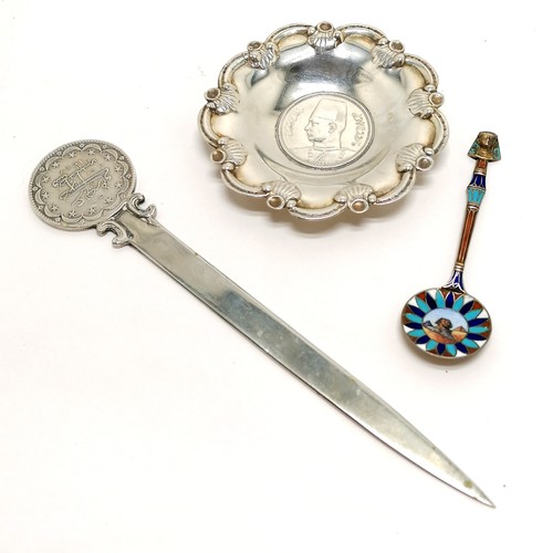 396 - Silver marked Turkey coin letter opener (18cm), Egyptian coin tray & enamel small spoon - total weig... 