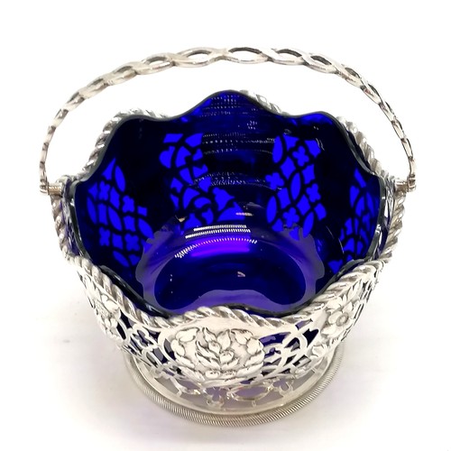 398 - 1905 Edwardian silver bon bon dish / basket (with scalloped blue glass liner) by C F Hancock & Co - ... 