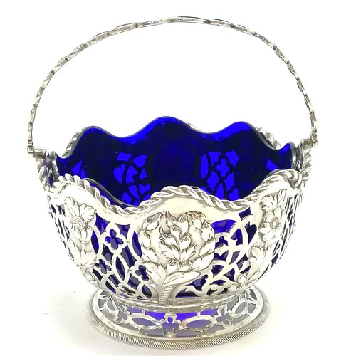 398 - 1905 Edwardian silver bon bon dish / basket (with scalloped blue glass liner) by C F Hancock & Co - ... 