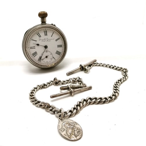 404 - Gents silver cased 4cm diameter pocket watch (a/f) t/w silver albert chain with metal religious fob ... 