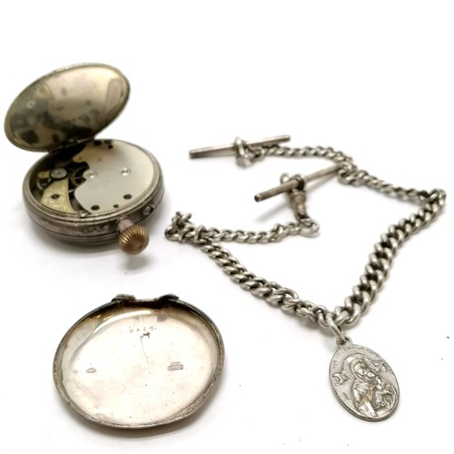 404 - Gents silver cased 4cm diameter pocket watch (a/f) t/w silver albert chain with metal religious fob ... 