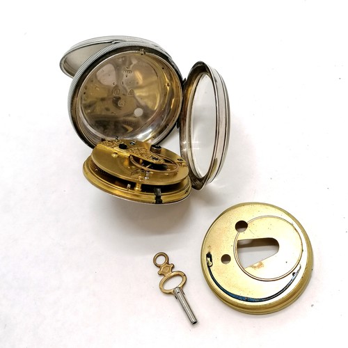 416 - Antique silver cased pocket watch (5cm diameter) with gold arabic numerals to the silvered dial - pa... 