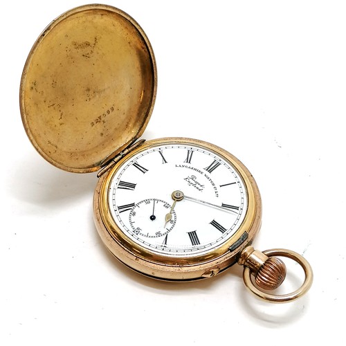 419 - Antique gold plated hunter pocket watch (4.8cm case) by Lancashire Watch Co Ltd, Prescot - has dents... 