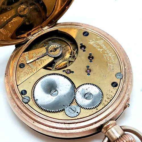 419 - Antique gold plated hunter pocket watch (4.8cm case) by Lancashire Watch Co Ltd, Prescot - has dents... 