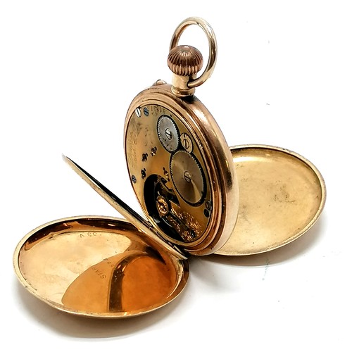 419 - Antique gold plated hunter pocket watch (4.8cm case) by Lancashire Watch Co Ltd, Prescot - has dents... 