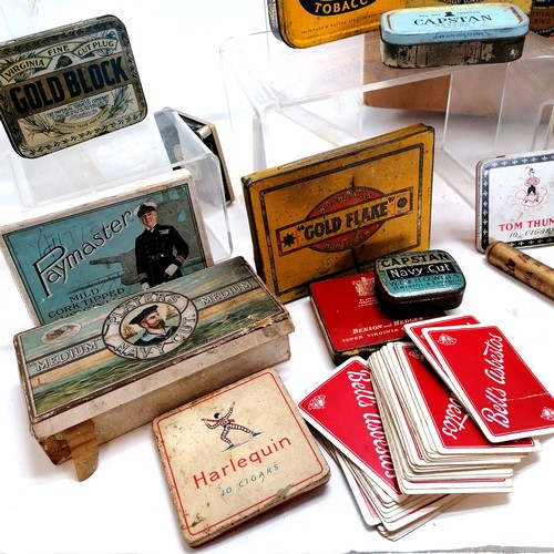 420 - Large quantity of cigarette & tobacco related advertising tins and a full pack of Bell's Asbestos pl... 