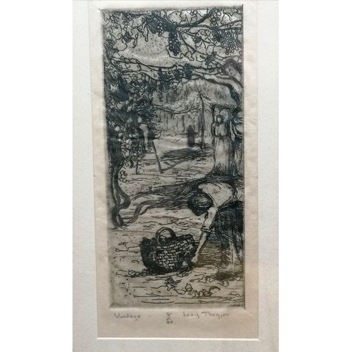 644 - Framed & signed etching 'Vintage' grape picking #8/40 signed Louis Tho?? t/w various other prints / ... 