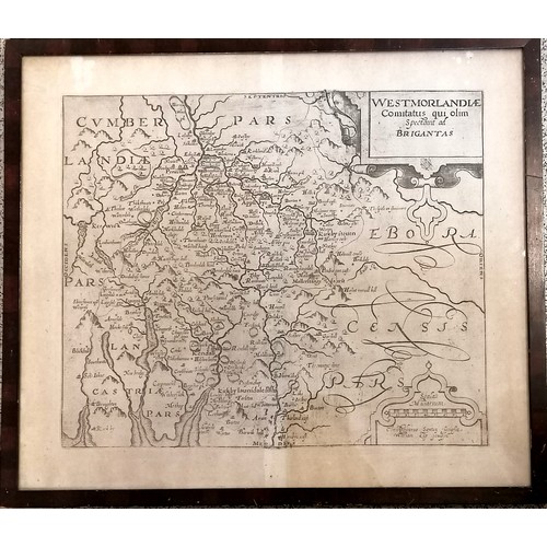 648 - Framed 17th century (1607) map of Westmorlandiæ by William Kip (d.1618) which was in the latin 'Brit... 