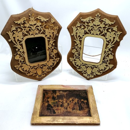 649 - Antique picture of monks at leisure t/w 2 x Victorian shield shaped picture frames with applied fret... 