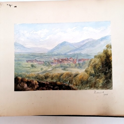 653 - Album containing 40+ mounted watercolour paintings of topographical views dated early 20th century (... 