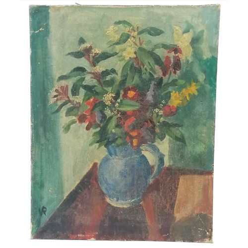 656 - Oil painting on board of a vase of flowers signed VR - 38.5cm x 30cm