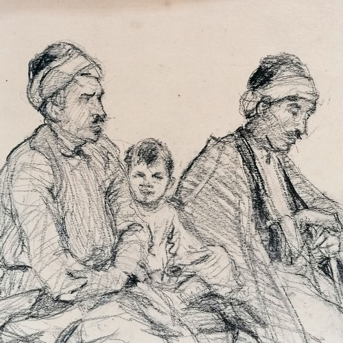 659 - Pencil drawing of 3 middle eastern gentlemen + a boy bearing the signature L Deutsch - 25.5cm x 38cm