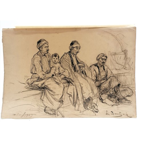 659 - Pencil drawing of 3 middle eastern gentlemen + a boy bearing the signature L Deutsch - 25.5cm x 38cm