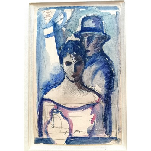 754 - Framed watercolour painting of a man and a woman with studio stamp 'from estate of Boris Solotareff'... 