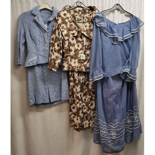 60 - 3 1950s two pieces. Blue skirt suit embroidered two pieces, in good condition, chest 72cm. Blue blou... 