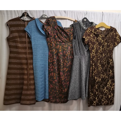 61 - 5 evening dresses vintage. Brown and gold brocade dress in good condition, chest 82cm. Brown and gol... 
