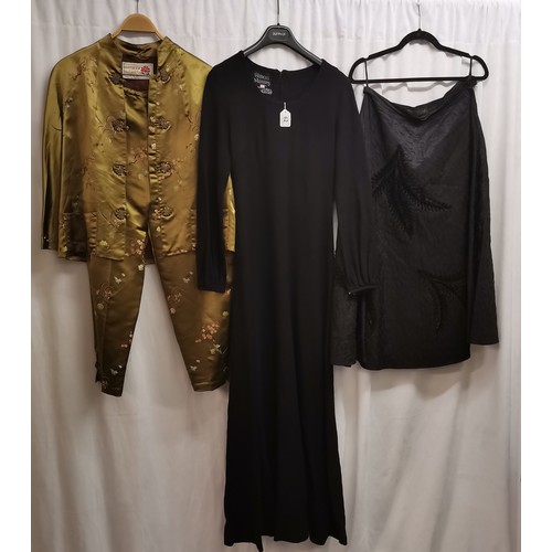 62 - 3 items of clothing- Green chinese satin trouser suit in good condition, chest 84cm. Black crepe lon... 