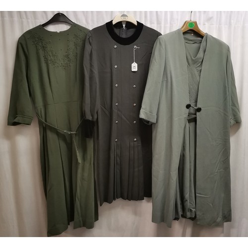 63 - 3 items of clothing 1950s. 1950s wool crepe suit dress and long jacket, some moth holes to hem, ches... 