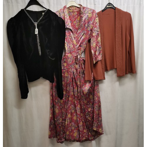 64 - 3 items of clothing 1940s. Pink satin floral print wrap over dress in good condition. Black velvet t... 