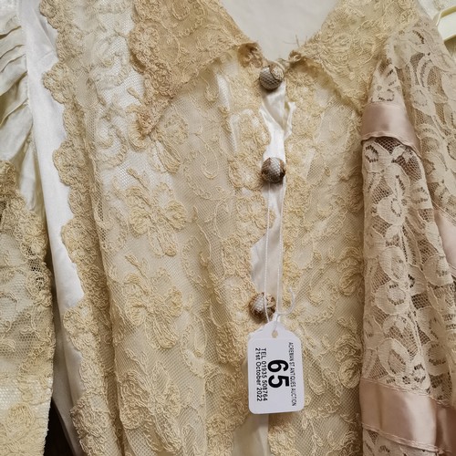 65 - 3 1950s evening dresses. Coral lace dress with belt in good condition, chest 82cm. Beige lace tiered... 