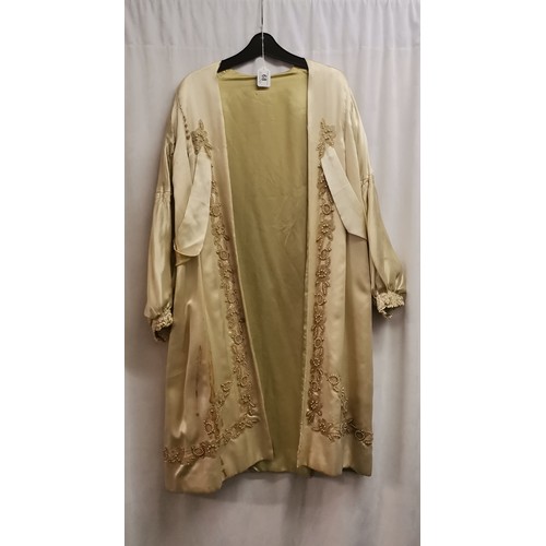 68 - 1930s silk coat with bead work to front, has several stains across front and on sleeves.