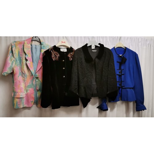 83 - 4 1970s jackets. Black Swiss lace jacket with velvet collar and cuffs in good condition, size small.... 