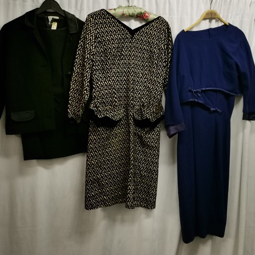 87 - 1950s clothing. Black velvet long sleeved dress in good condition, chest 89cm. Blue wool dress and j... 