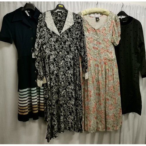 89 - 4 mixed period dresses. 70s floral long dress in good condition, chest 86cm. 70s 'Monsoon' dress wit... 